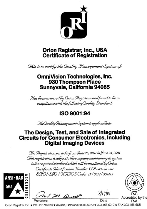 OmniVision Announces ISO 9001 Certification